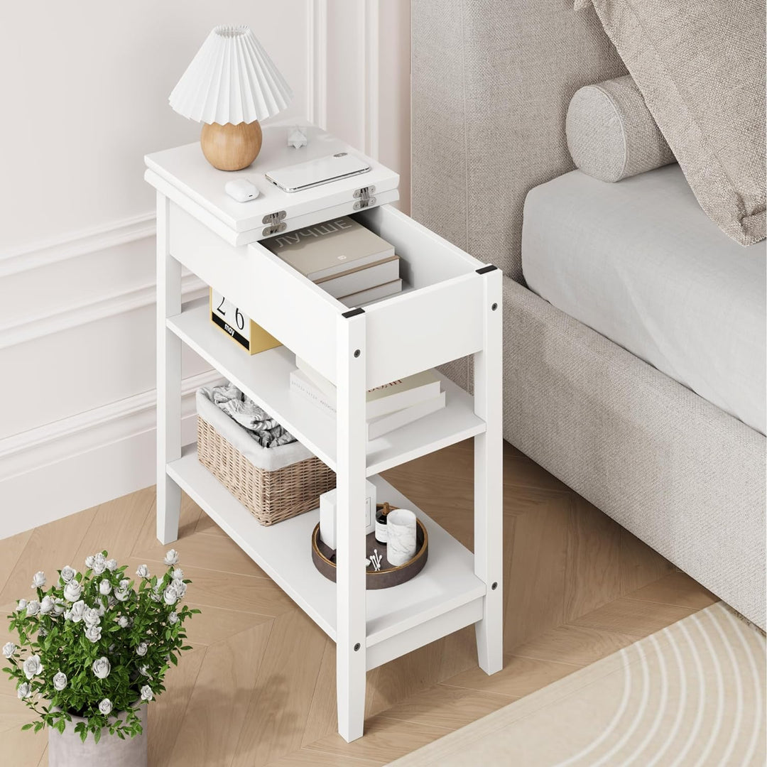 End Table White, Narrow Side Table with Storage