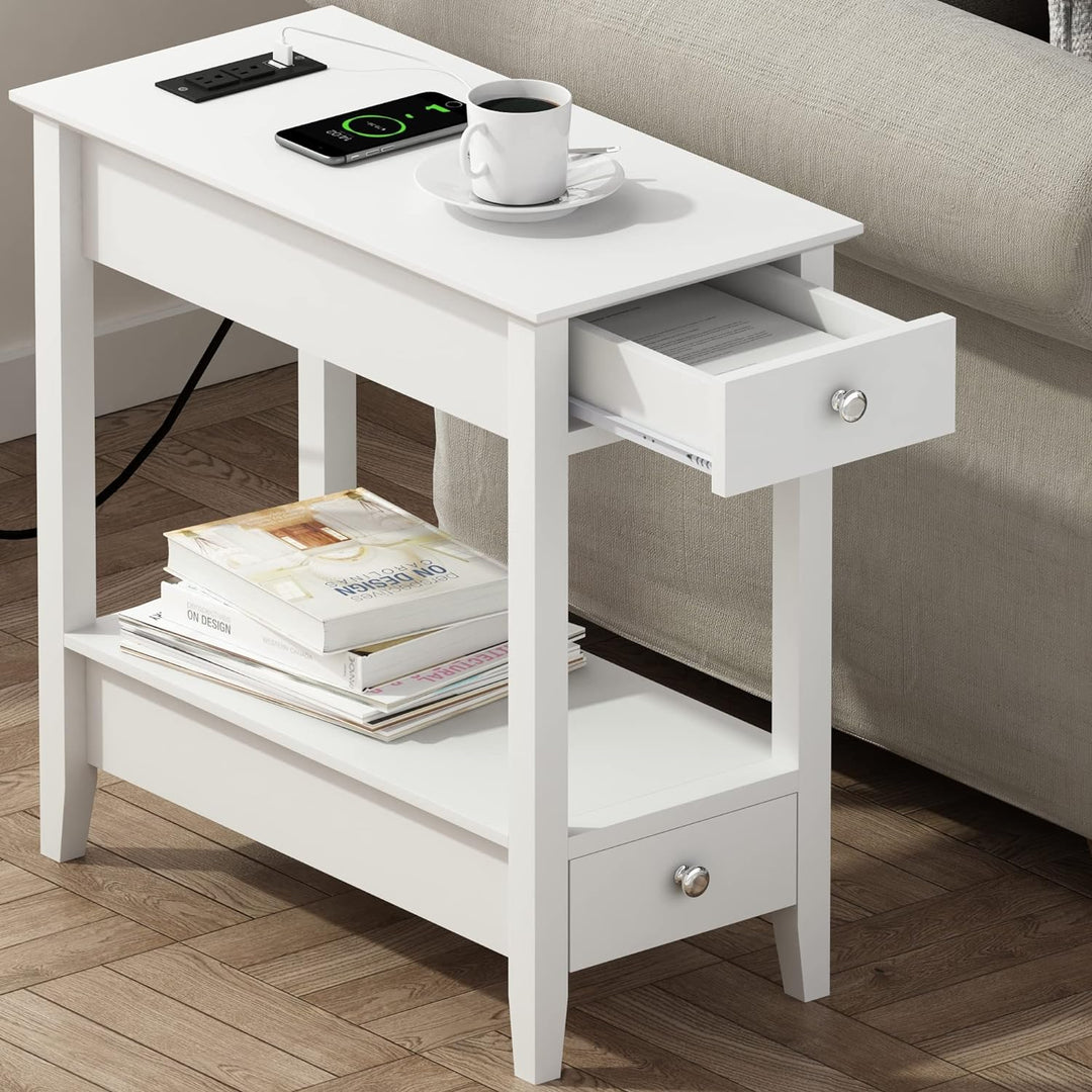 Side Table with Charging Station, 2-Drawer Nightstand