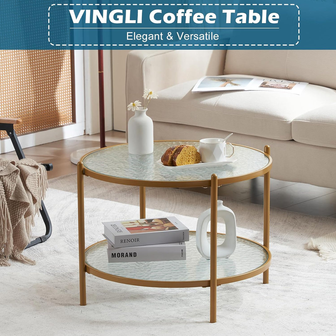 Matte Gold Round Coffee Table, 2-Tier Storage Design, Living Room