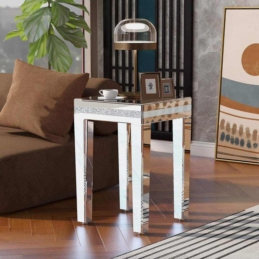 Modern Glass Mirrored Side Table with Crystal Design, Silver