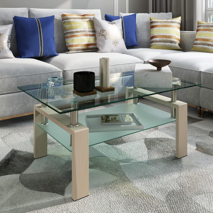 Rectangle Oak Glass Coffee Table, Clear Glass Top, Modern Tables