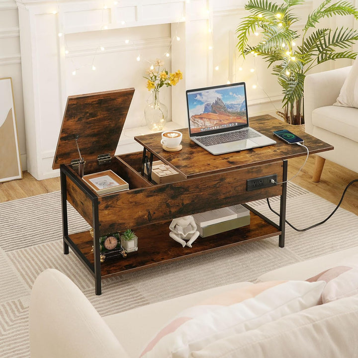 Lift Top Coffee Table with Power Outlet, Charging Station, Rustic Brown and Black