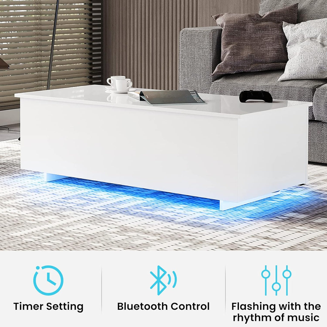 Elegant LED Coffee Table, 20 Colors, Lift-Top Storage, White