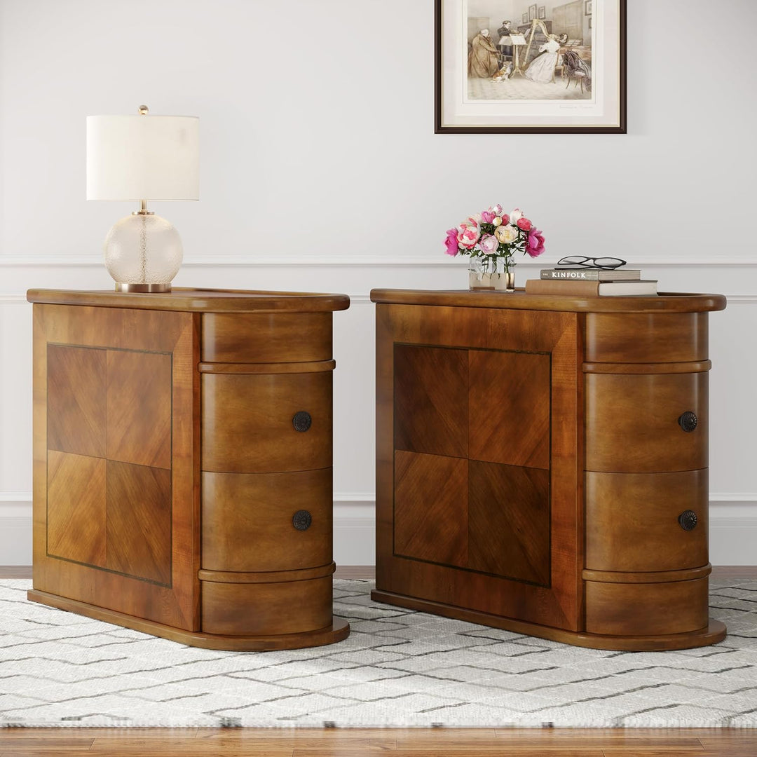 Wood End Table with 2 Drawers, Slim Nightstand