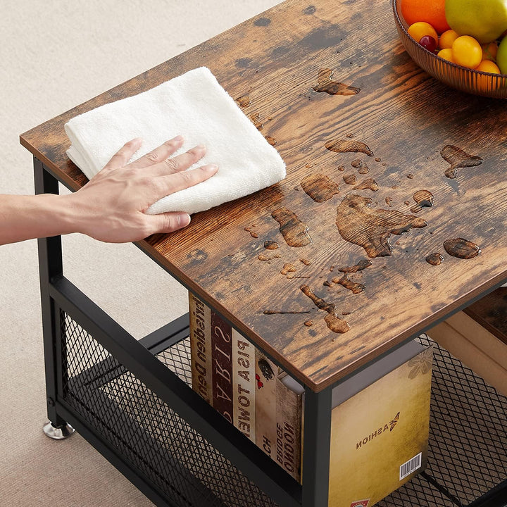 Rustic Brown Coffee Center Table with Storage, Modern Industrial Mesh Shelf