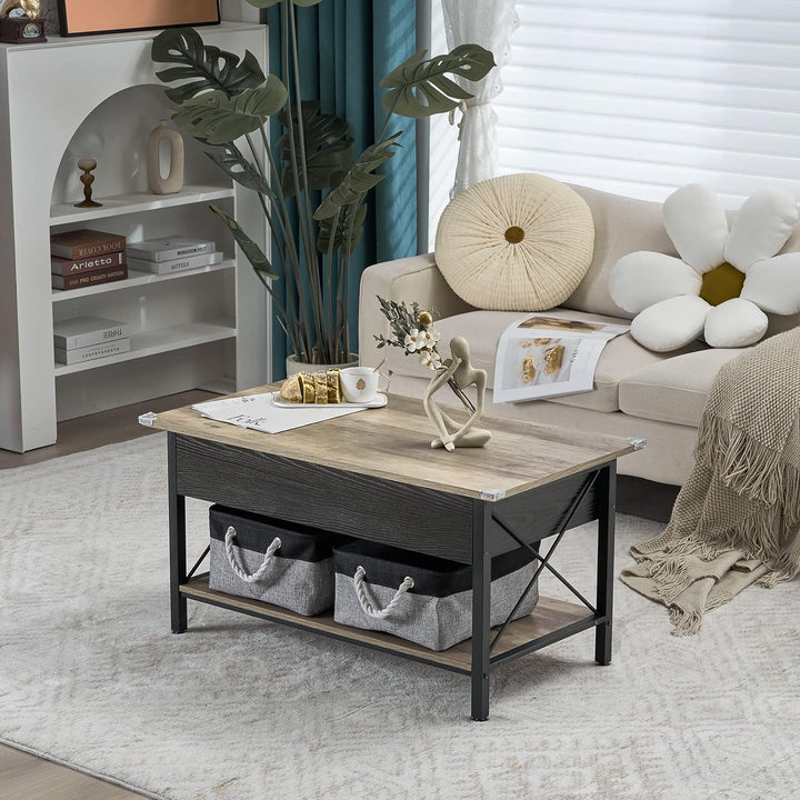 Rustic Farmhouse Grey Coffee Table with Lift Top, Storage Bins