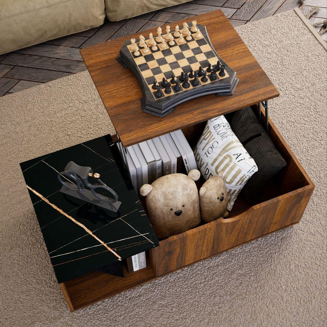 Lift Top Coffee Table with Hidden Compartment, Brown, Marbling