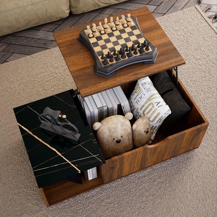 Lift Top Coffee Table with Hidden Compartment, Brown, Marbling