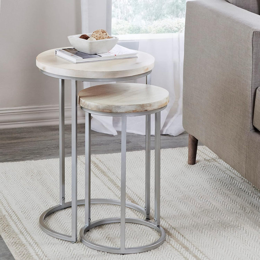 Isla Nesting End Tables, Acacia Wood and Metal, Silver Finish