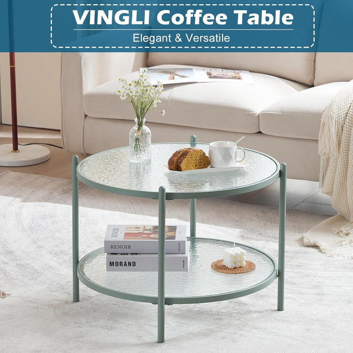 Stylish 2-Tier Round Coffee Table, Water-Wave Glass, Green