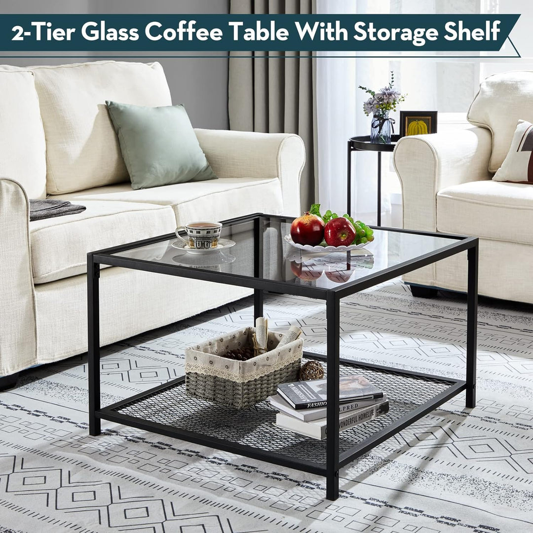 Modern Glass Coffee Table with Storage, Industrial Square Center Table