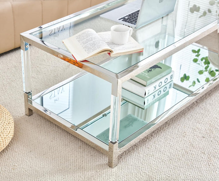 Silver Tempered Glass Coffee Table, Silver Metalclearrectangle