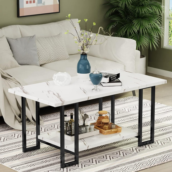 Faux Marble Coffee Table, Metal Frame, Storage Shelf, White Black