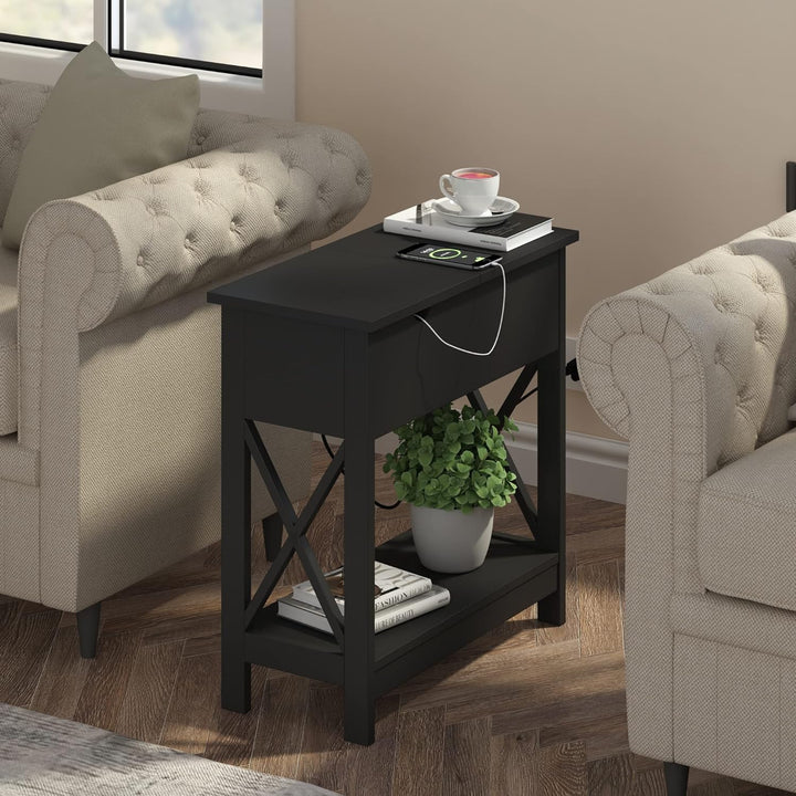 End Table with Charging Station - Narrow Flip Top Side for Small Spaces