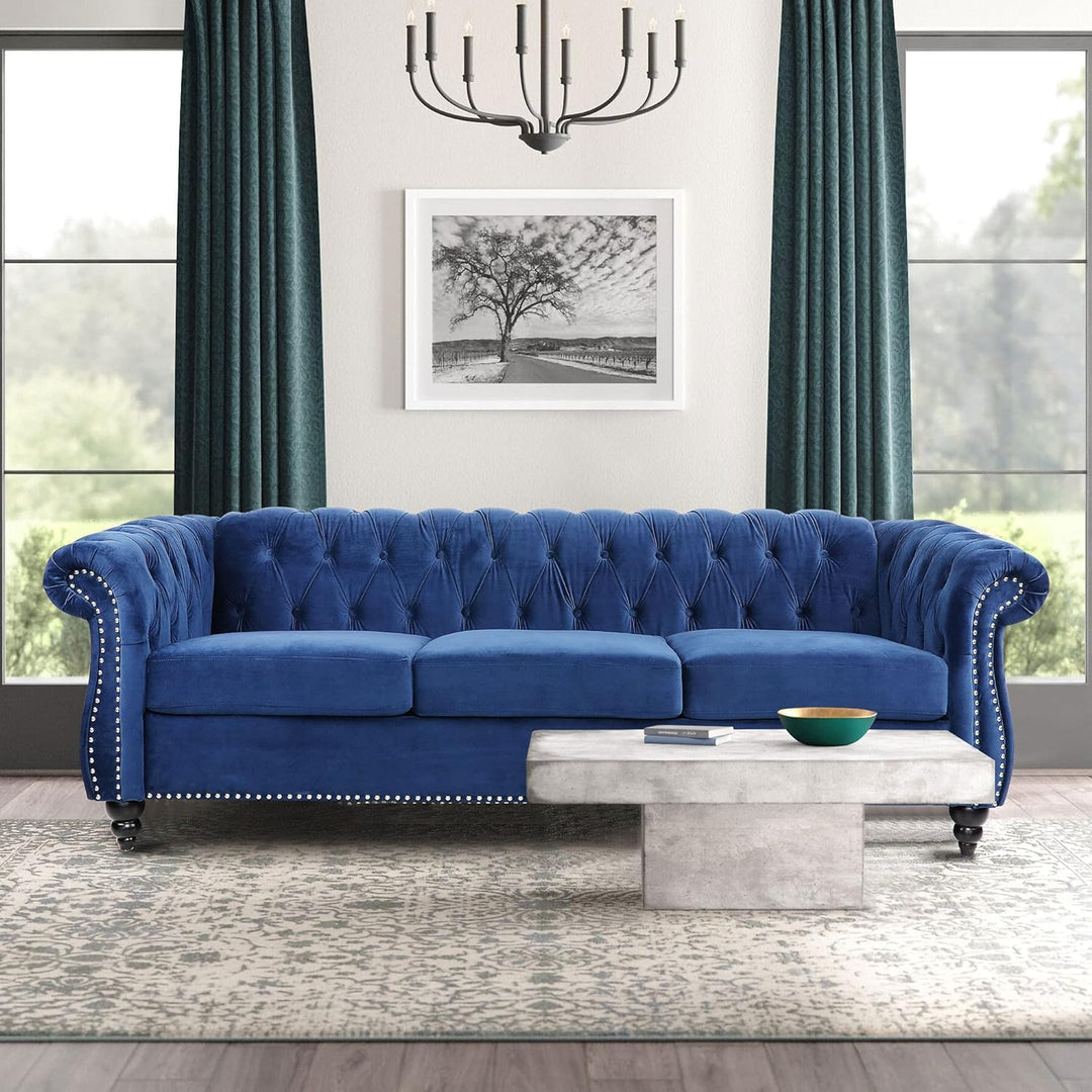 Chesterfield Sofa, Modern Velvet Tufted Couch 3 Seater (Blue)