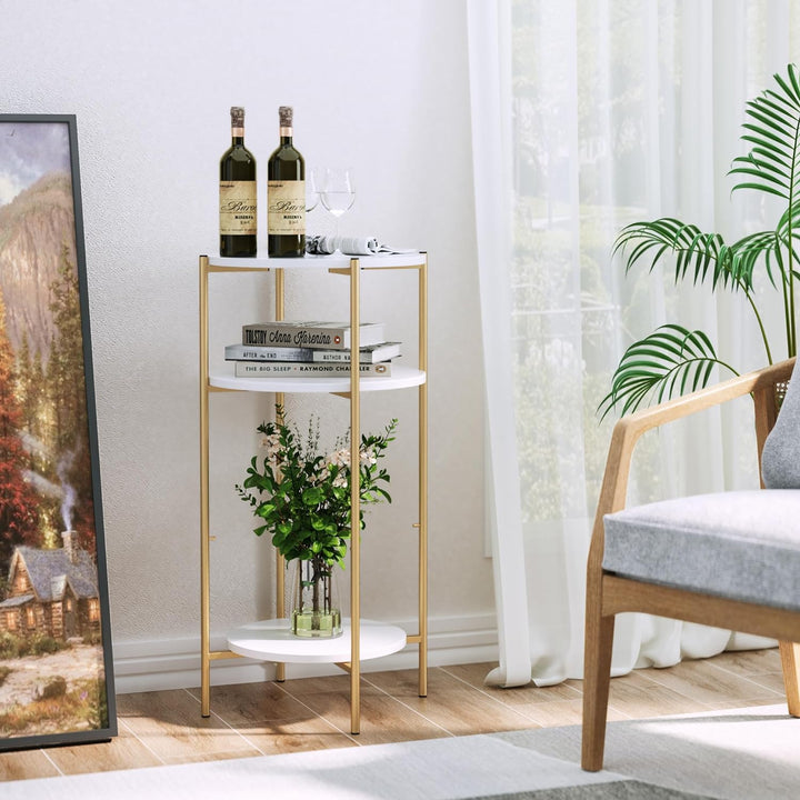 Round End Table, 3-Tier Side Table Accent, White/Gold