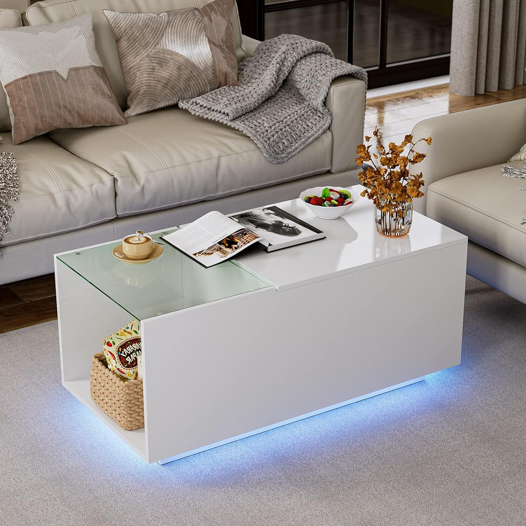 Lift Top Coffee Table with LED Lights and Charging Station, White