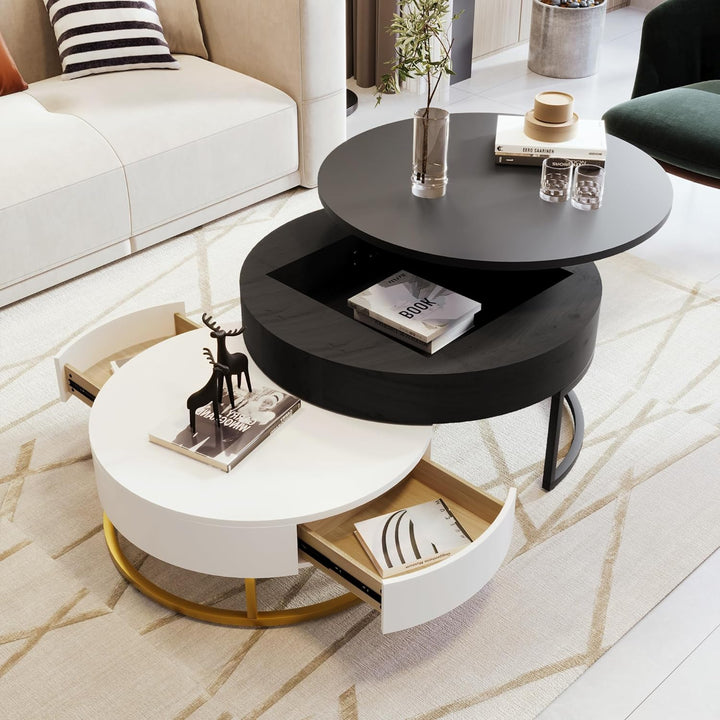 Modern Round Lift-top Nesting Coffee Tables, WhiteBlack