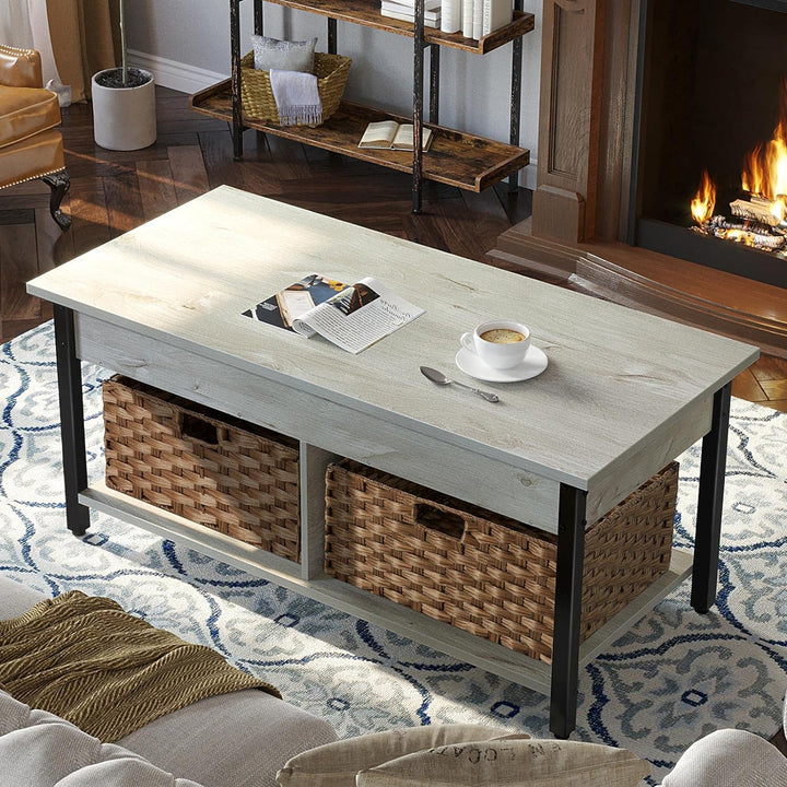 Retro Coffee Table with Hidden Storage and Rattan Baskets, Grey