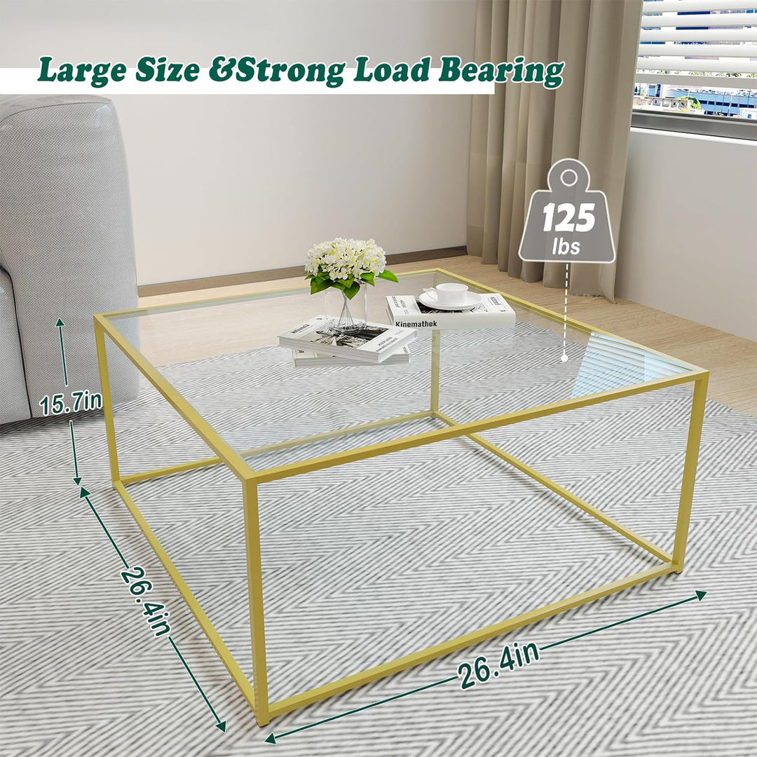 Glass Coffee Table Modern Center Table, Minimalist Coffee Table Sofa Side Tea Table for Living Room, Tempered Glass Top with Sturdy Metal Frame, Easy Assembly, Gold