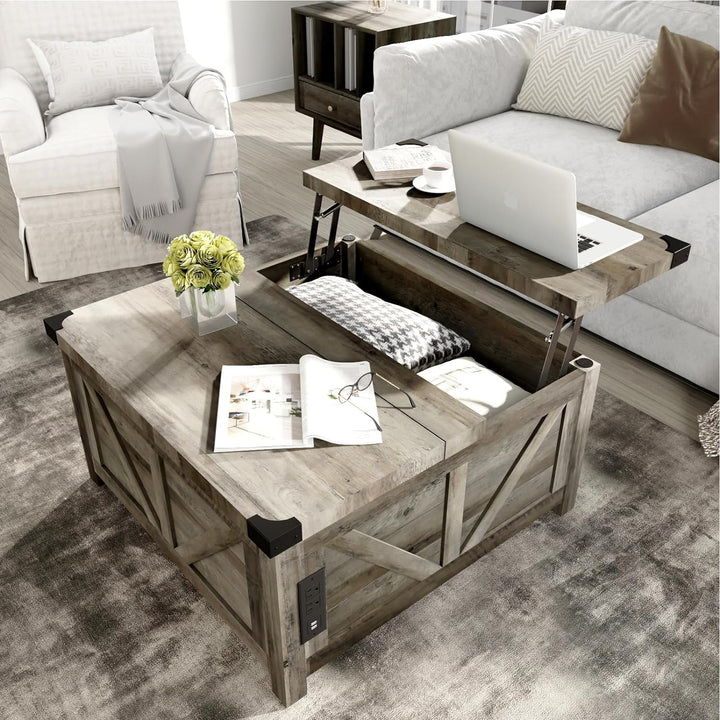 Farmhouse Lift Top Coffee Table with Storage, Wood Square Center Table with Charging Station and USB Ports, Grey