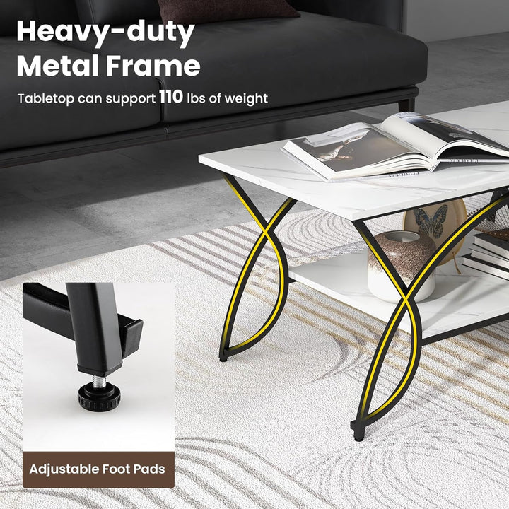 Modern Rectangular Coffee Table with Storage Shelf, White & Black