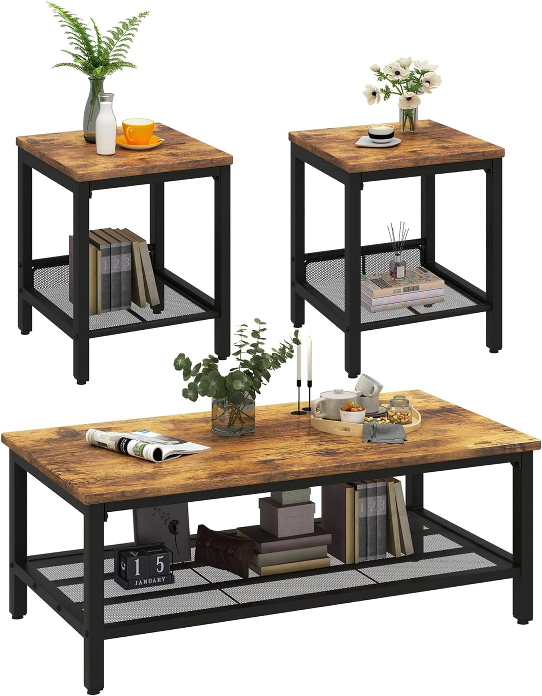 Rustic 3-Piece Living Room Table Set, Industrial Coffee Table with End Tables, Apartment Home Office Furniture, Rustic Brown