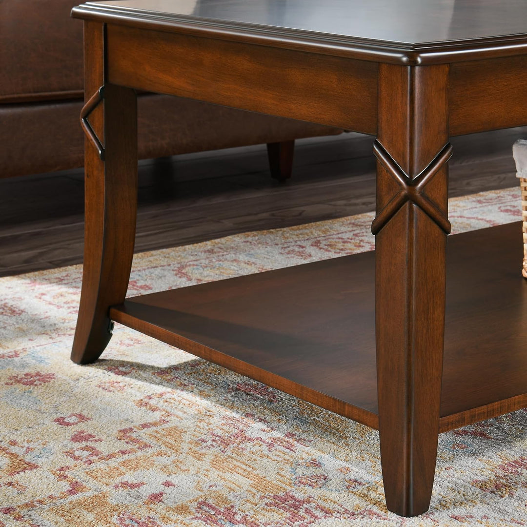 Solid Wood Coffee Table with Storage Shelf, Mid-Century Design, Cherry Brown