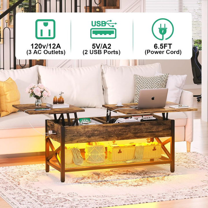 Coffee Table with Lift Top Storage, LED Light, Power Outlet, Rustic Brown