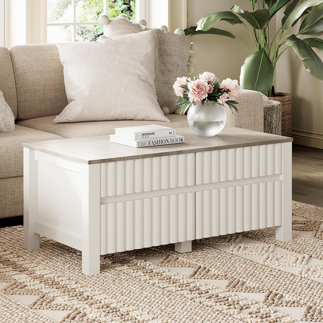 Modern Rectangular Coffee Table with Storage Drawers, White