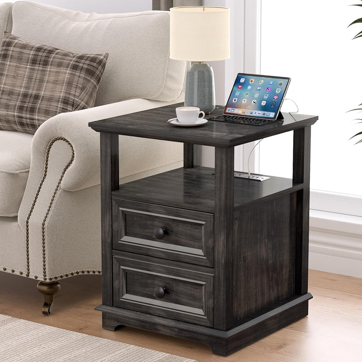 End Table w/ USB C Charging,24" Sofa Side Table,2 Drawers