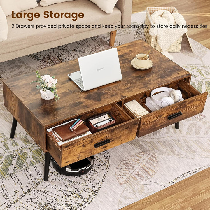 Rustic Brown Mid-Century Modern Coffee Table with Drawers