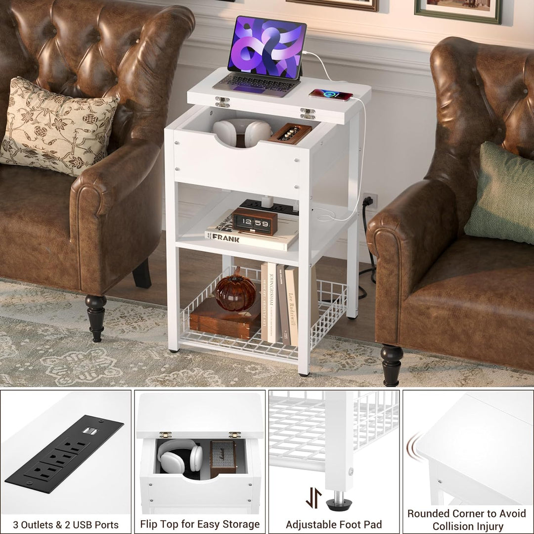 Nightstand Set of 2 with Charging Station, 25.2", White