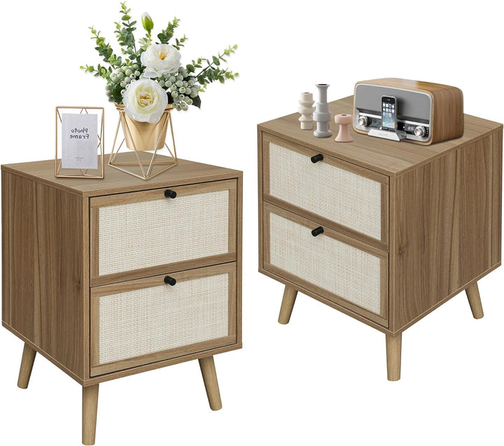 Rattan Nightstand Set of 2, 2-Drawer Wood Accent Table