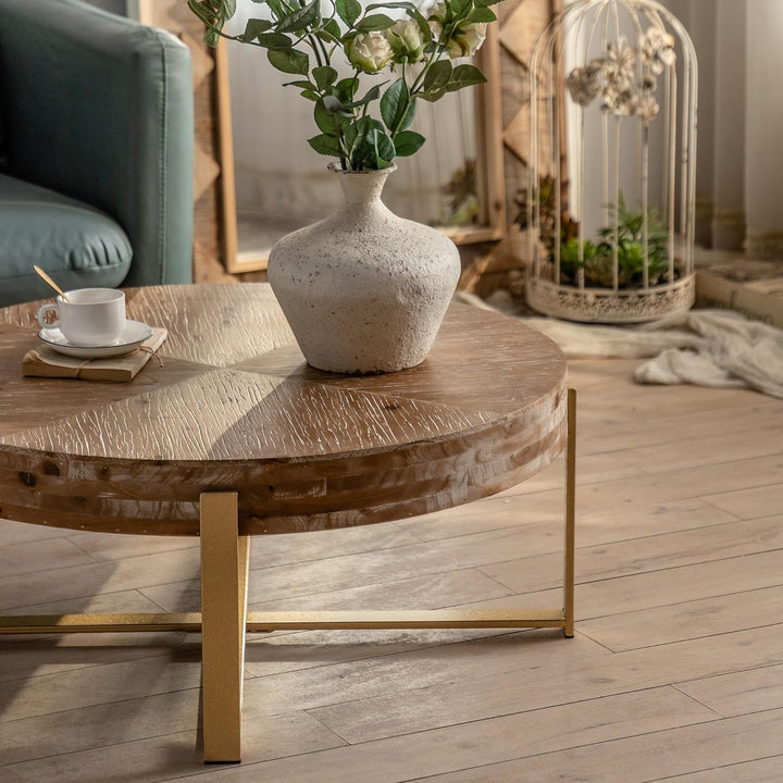 Wood Round Coffee Table, Farmhouse Rustic Fir Wooden Top, Gold