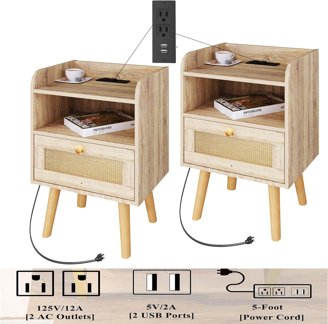 Nightstand Set of 2 with Charging Station & Drawer