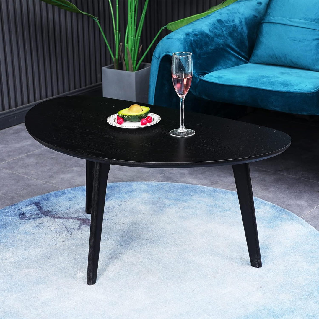 Small Black Oval Coffee Table for Small Spaces, Modern Center Table with Oak Wood Legs