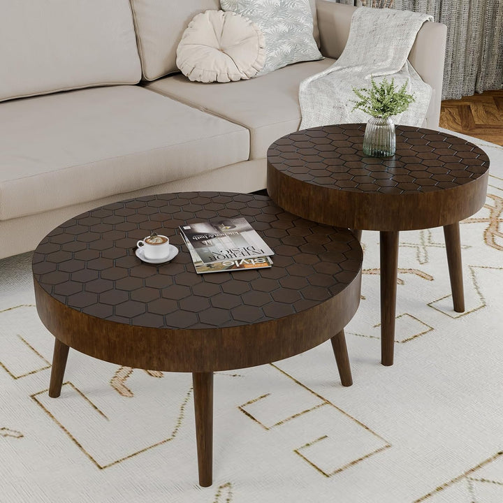 Stylish Round Nesting Coffee Table Set, Honeycomb Pattern, Wood Grain