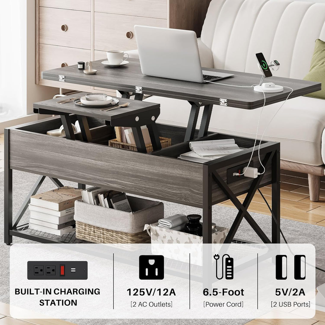 Versatile Coffee Table with Lifting Top, Charging Station, Grey