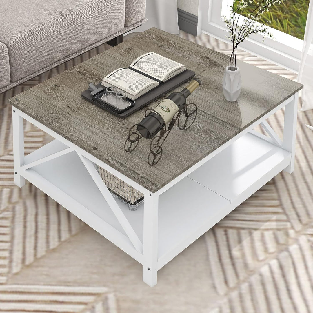 Farmhouse Coffee Table with Storage, Rustic Center Table