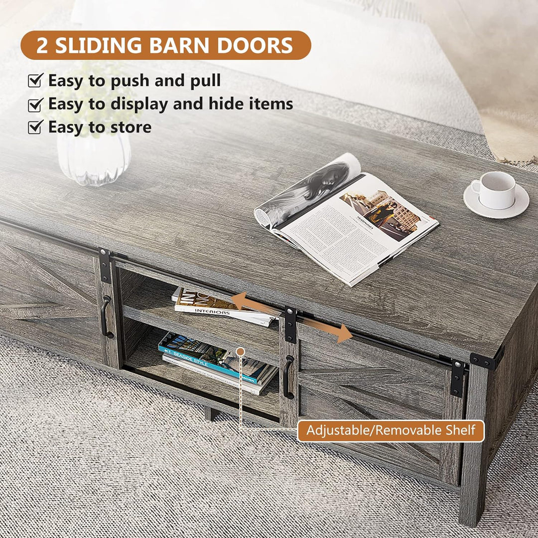 Rustic Farmhouse Coffee Table with Sliding Barn Doors, Grey