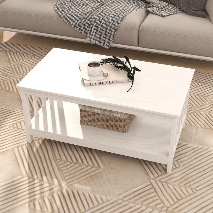 Farmhouse Coffee Table, White Living Room Table with Shelf