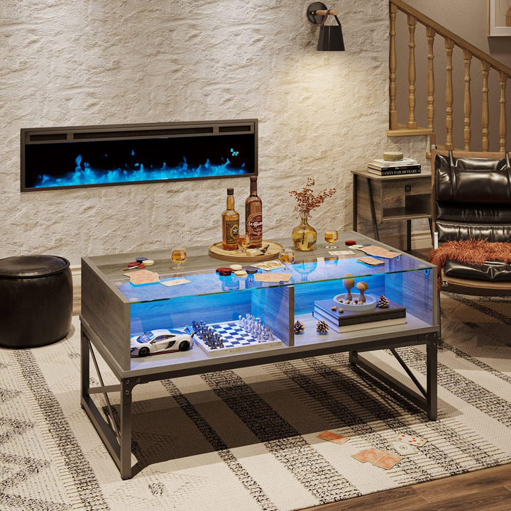 Bestier Wood Coffee Table with Glass Top, LED Lighting, Grey Wash