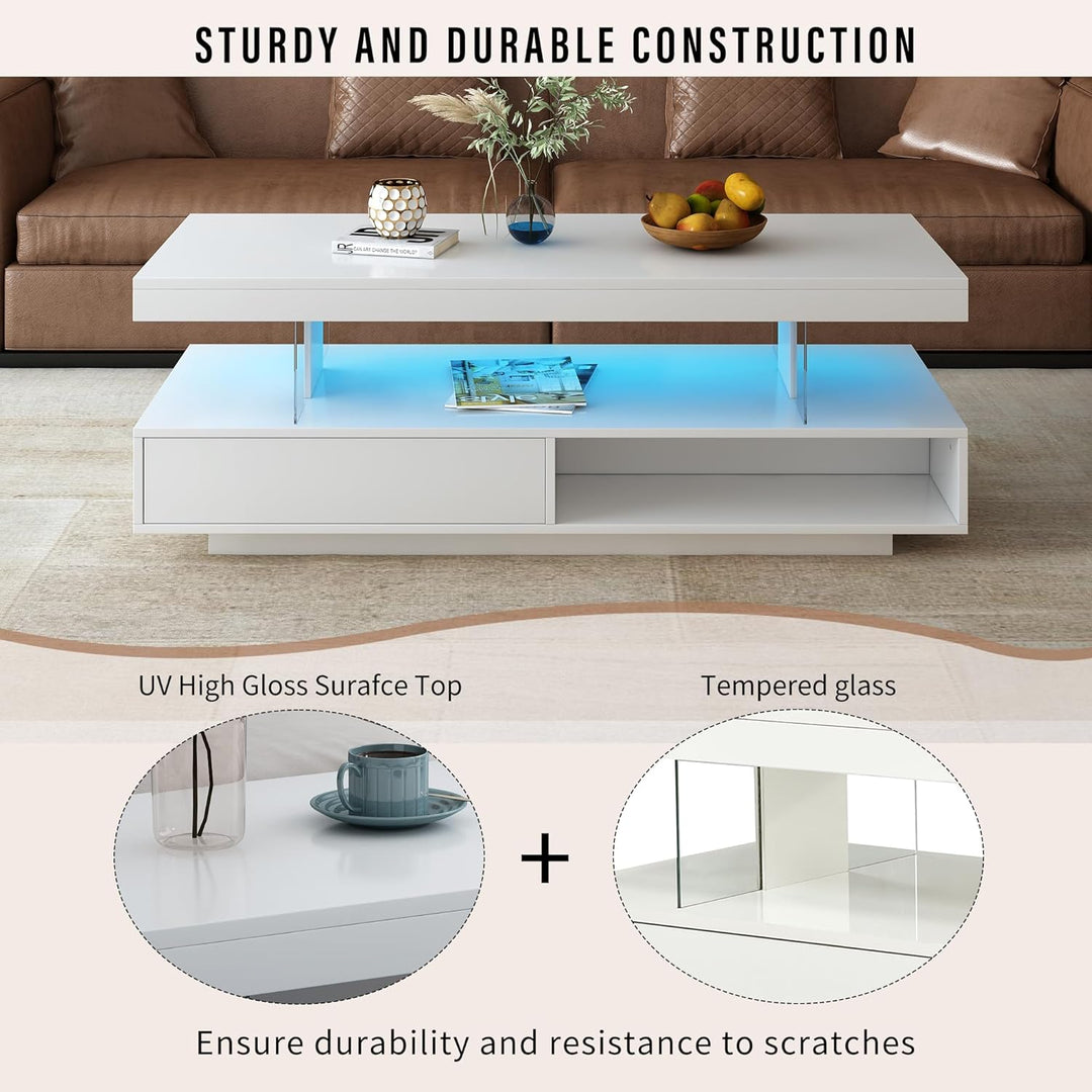 High Gloss Coffee Table with Storage, LED Lights, White