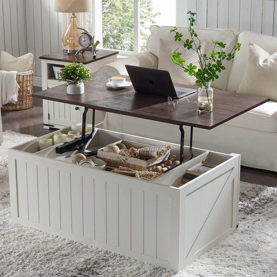 Rustic Farmhouse Lift-Top Coffee Table, Wood Cocktail Table, White