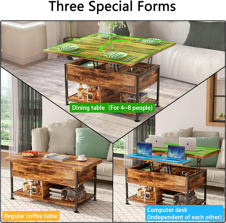 Lift-Top Coffee Table w/ Hidden Compartment, Modern Dining Table, Rustic Brown