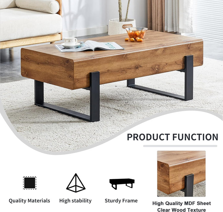 Modern Walnut Wood Rectangular Coffee Table, Black Metal Legs