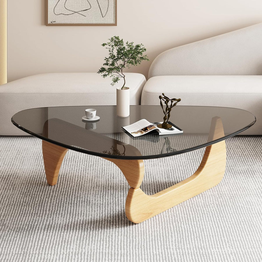 Triangle Coffee Table in Walnut Mid Century Modern Solid Wood Base, Log Gray