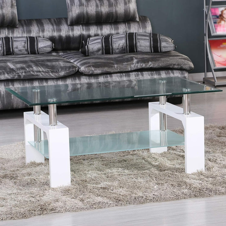 Modern White Glass Coffee Table with Lower Shelf, Metal Legs