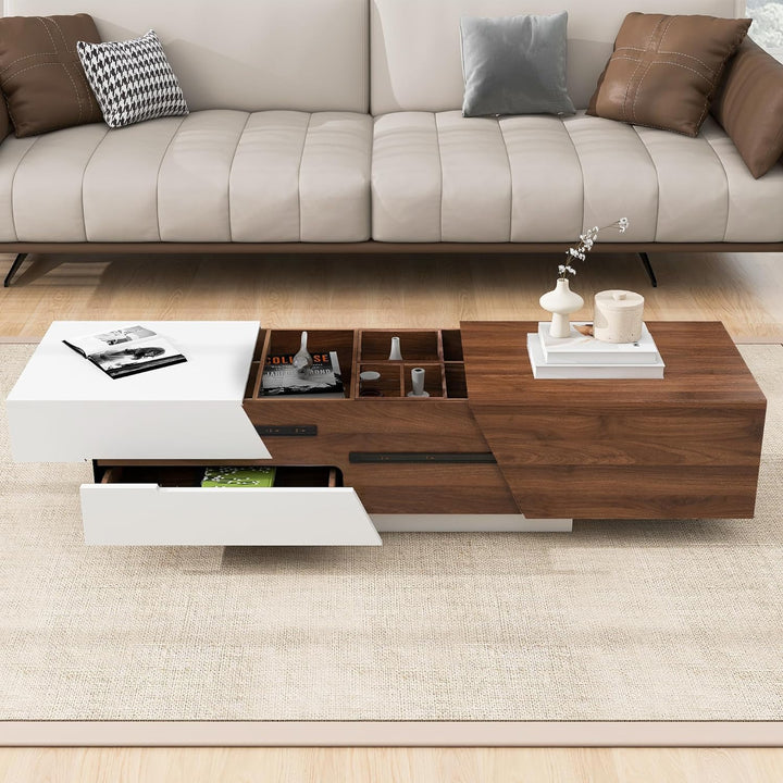 Merax Extendable Coffee Table, UV High-Gloss, Sliding Top & Storage (White & Walnut)